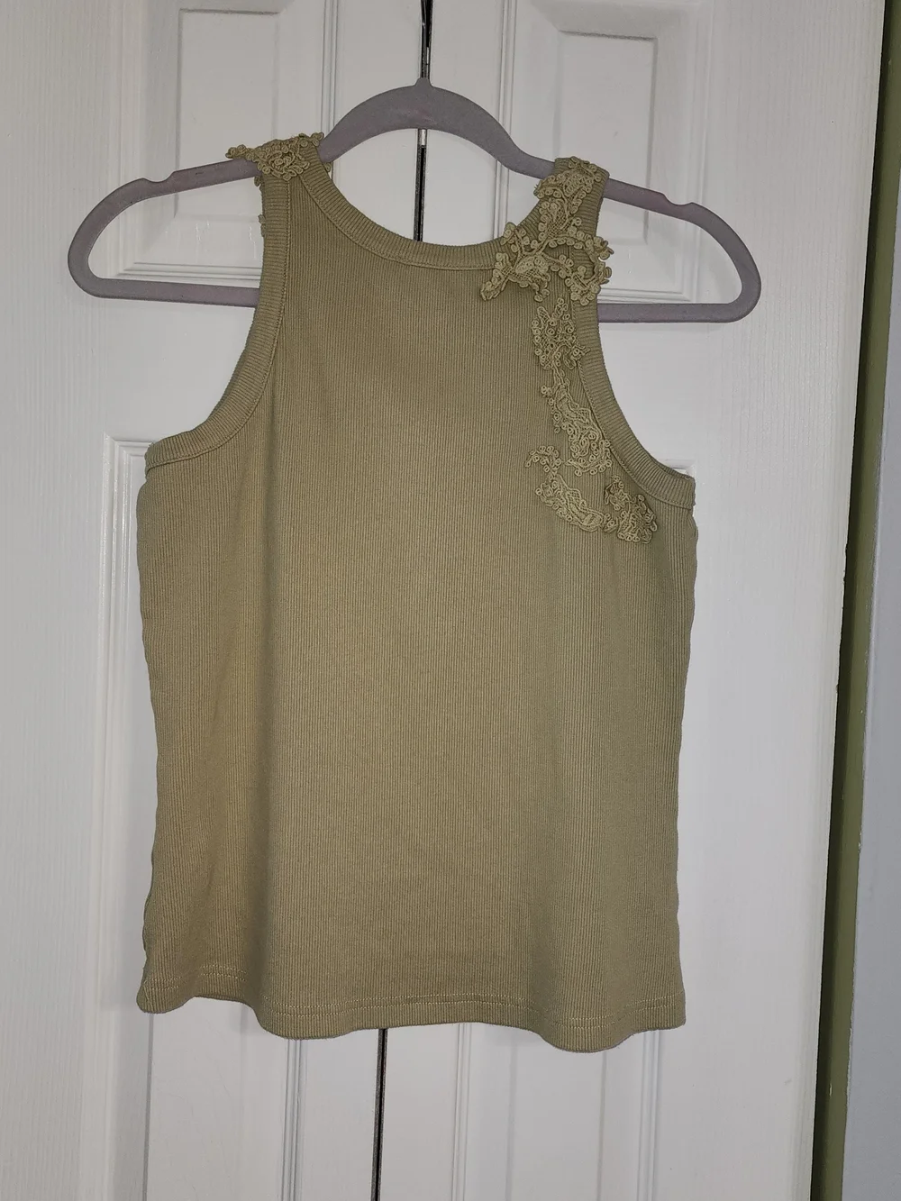 Caroline Constas Lace-Appliqué Ribbed Tank in Cream With Muted Sage Size L